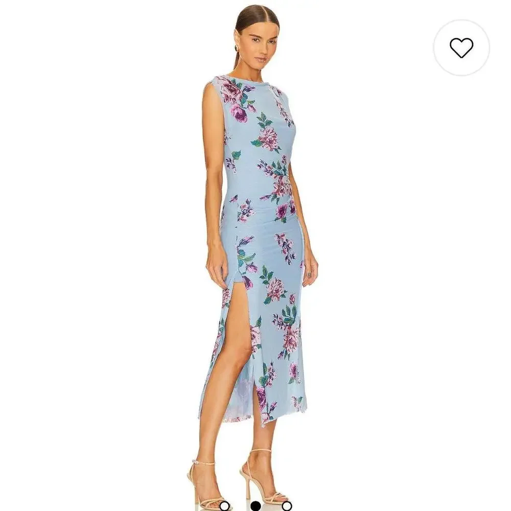 Free People Light Blue Floral Sleeveless Maxi Dress with Purple Roses